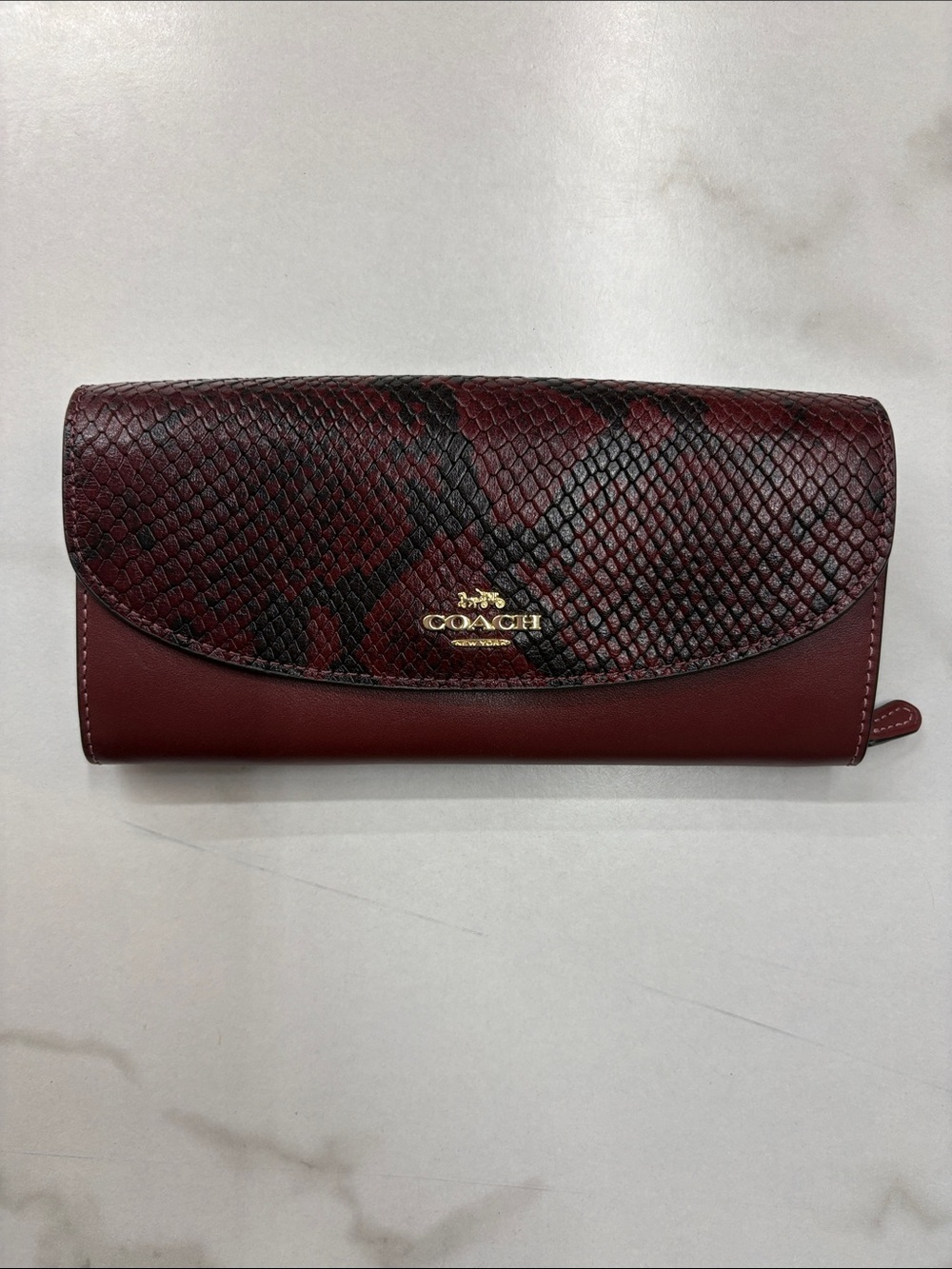 Coach Burgundy Snake-Print Flap Continental Wallet